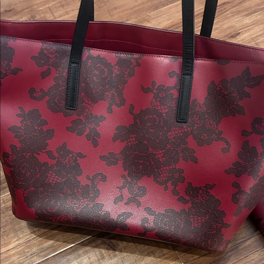 Michael Kors Burgundy Floral Tote and Wristlet Wallet Combo - Picture 4 of 8
